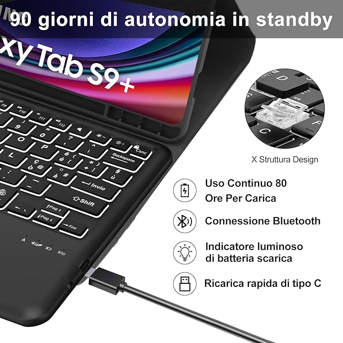 Samsung Galaxy Tab S9 Plus 12.4 Inch 2023 Trackpad Keyboard – Samsung Tab S9 Plus Keyboard, Samsung Tab S9 Plus Keyboard Cover, Italian Backlit Bluetooth Keyboard for Samsung Tab S9+, Black