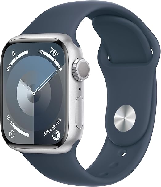 Apple Watch Series 9 [GPS 41mm] Smartwatch with Silver Aluminum Case with Storm Blue Sport Band