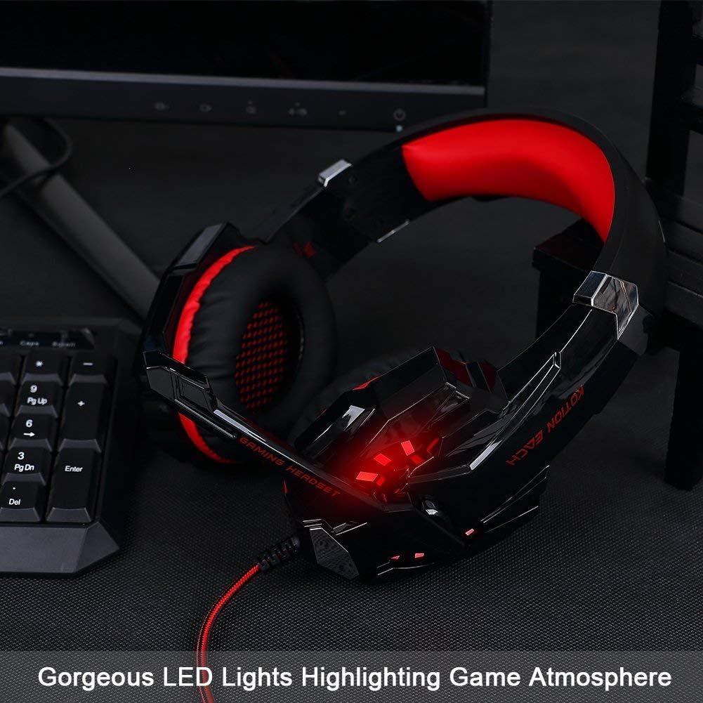 BlueFire Stereo Gaming Headset for PS4, PS5, PC, Xbox One, Noise Cancelling Over Ear Headphones with Mic, LED Light, Bass Surround, Soft Memory Earmuffs for Laptop Nintendo Switch (Black-Red)