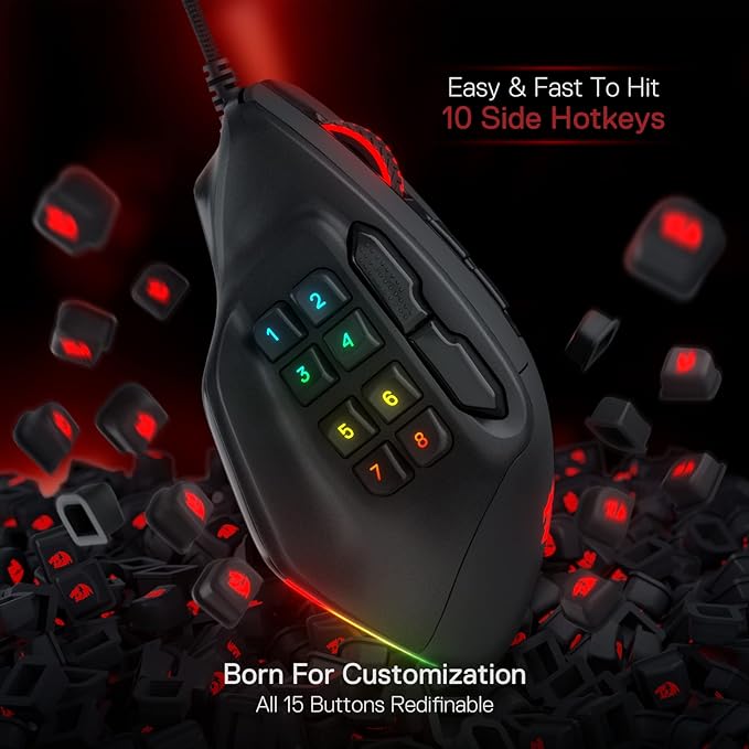 Redragon M811 Aatrox MMO Gaming Mouse, 15 Programmable Buttons, Wired RGB Gaming Mouse with Natural Ergonomic Grip, 10 Side Macro Keys