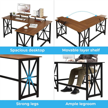 GreenForest L Shaped Desk with 2 Monitor Stand, 63.8 inch Reversible Corner Computer Desk for Home Office Study Gaming Workstation Crafting Table Spaces Saving, Easy Assembly, Walnut