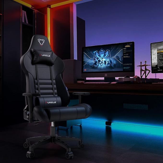 Furgle Gaming Chair - Computer Chair - Racing Style High-Back Office Chair - PU Leather Ergonomic Video Game Chairs for Adults - Adjustable Armrests - Headrest and Lumbar Support - Rocking Mode -Black