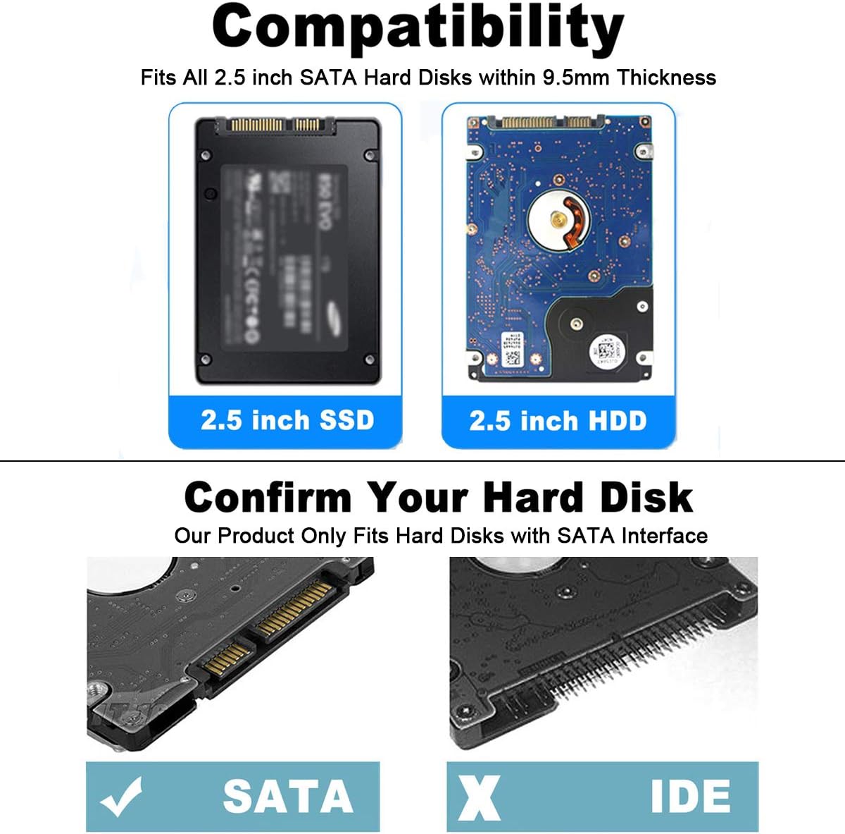 T Tersely 2.5-Inch SATA to USB 3.0 Tool-Free External Hard Drive Enclosure Adapter Case, Transparent LED Indicator 7mm/9.5mm SATA I/II/III/SSD/HDD Data Transfer PC/Laptop [Support UASP][Auto Sleep]