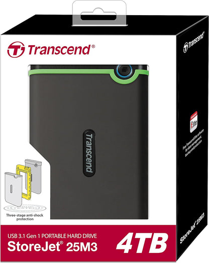 Transcend 4TB StoreJet 25M3S USB 3.1 Portable Hard Drive Rugged, Anti-Shock Resistant, Compact and Lightweight with Lightning-Fast Speeds and a One Touch Backup Button (Iron Grey) TS4TSJ25M3S