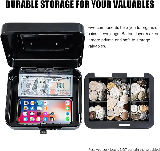 KYODOLED Medium Metal Cash Box with Combination Lock Safe and Money Tray for Security 7.87"x 6.30"x 3.54" Black