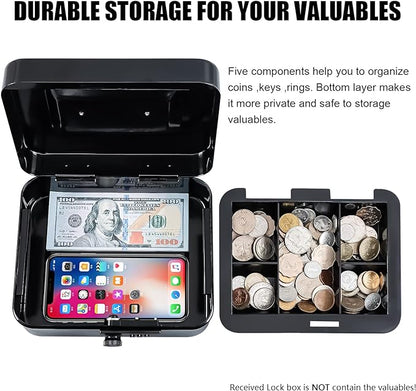 KYODOLED Medium Metal Cash Box with Combination Lock Safe and Money Tray for Security 7.87"x 6.30"x 3.54" Black