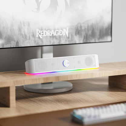 Redragon GS560 RGB Desktop Soundbar, 2.0 Channel Computer Speaker with Dynamic Lighting Bar Audio-Light Sync/Display, Touch-Control Backlit with Volume Knob, USB Powered w/ 3.5mm Cable, White - T