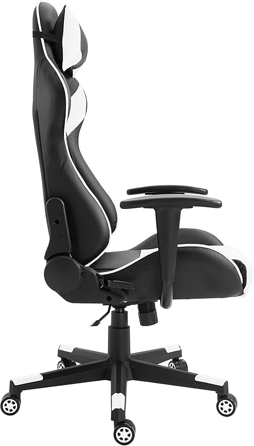 MAHMAYI OFFICE FURNITURE C599 Adjustable PU Leather Gaming Chair - PC Computer Chair for Gaming, or Students, Ergonomic Back Lumbar Support (White & Black, No Footrest)