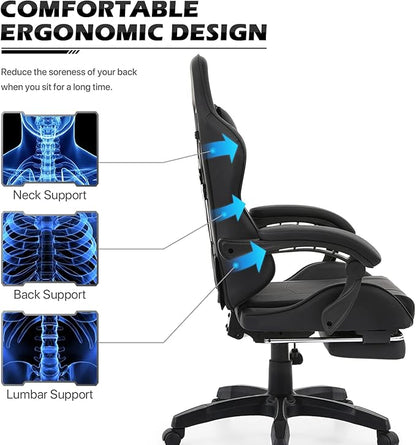 MoNiBloom Computer Gaming Chair with Footrest and Lumbar Support, Adjustable Hight Ergonomic Racing Chair for Adult Teen Office or Gaming, Carbon Fiber Leather High Back Video Game Chair, Black