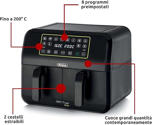 Ariete 4623 Airy Metal Air Fryer Double Basket, 1700 W, 8 Liters, 3 Cooking Functions, digital LED touch panel, 8 preset programs, timer, 2 Baskets, Black (by Delonghi Group) - T