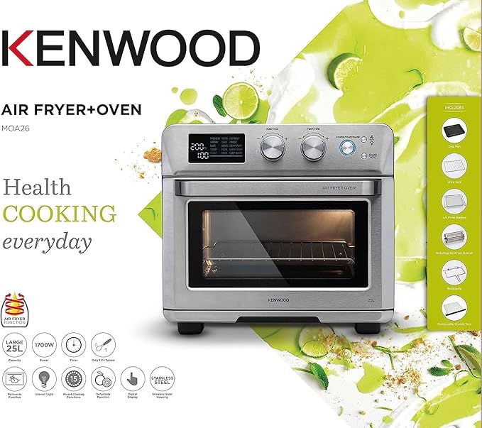 KENWOOD 2-in-1 25L Toaster Oven + Air Fryer-Oven Toaster Grill with Large Capacity, Rotisserie Function for Frying,Roasting, Grilling, Broiling, Baking, Browning,Defrosting,Heating MOA26.600SS Silver