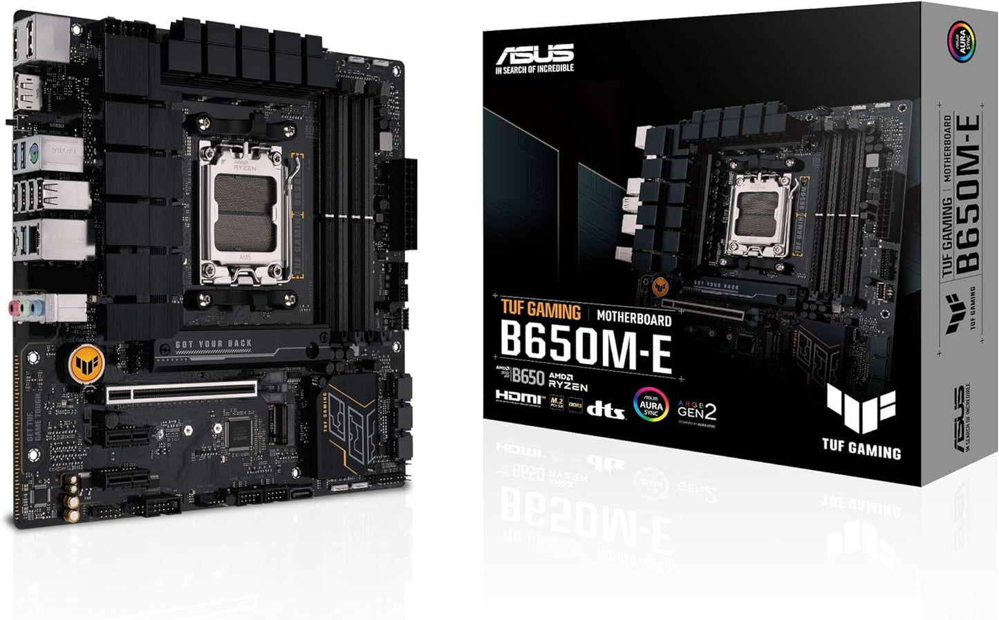 ASUS TUF GAMING B650M-E AMD mATX Motherboard, 8+2 DrMOS DDR5, PCIe 5.0, 2 M.2 Slots, Realtek Ethernet 2.5Gb, 2 DisplayPort, HDMI, USB Type-C, Bidirectional AI Noise Cancellation and Aura Sync