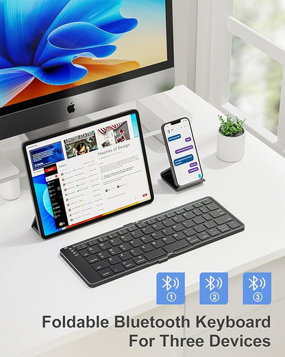 Foldable Bluetooth Keyboard, Portable Wireless Folding Keyboard (BT5.1 x 3), Pocket-Sized & Ultra-Slim, USB-C Rechargeable for iOS, Android, Windows Mac OS Laptop Tablet Smartphone, Black