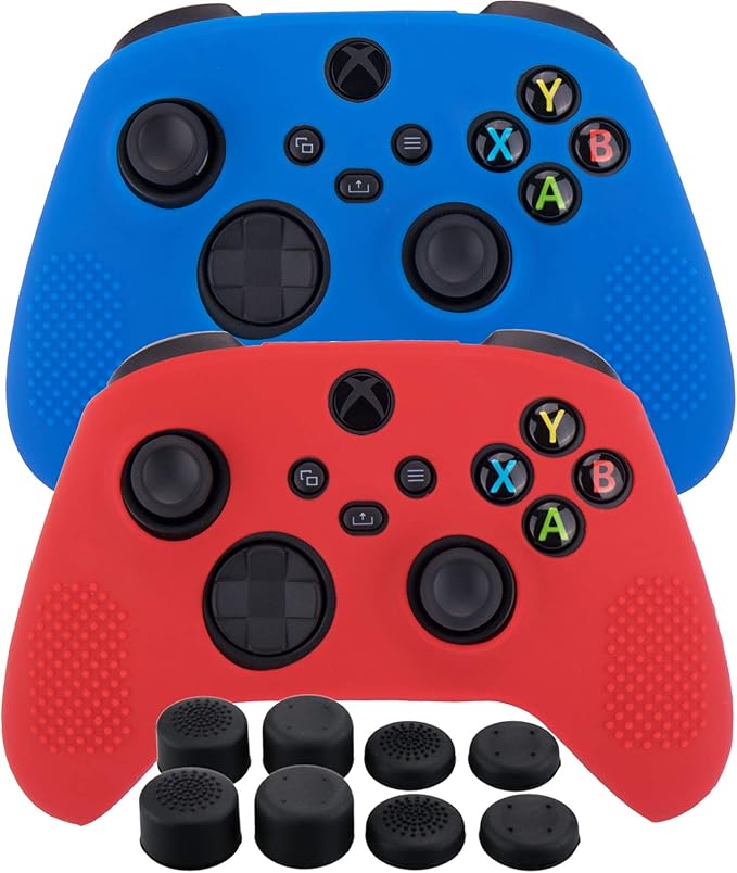 MXRC Silicone Rubber Cover Skin case Anti-Slip Customize Camouflage for Xbox Series X/S Controller x 2(Red+Blue) + FPS PRO Extra Height Thumb Grips x 8 - T