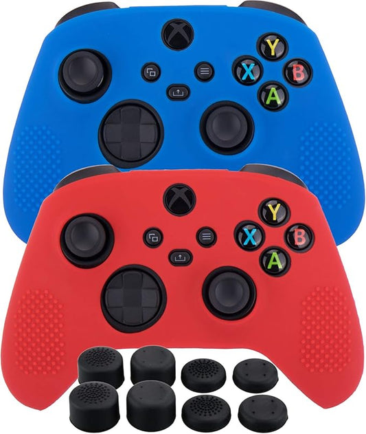 MXRC Silicone Rubber Cover Skin case Anti-Slip Customize Camouflage for Xbox Series X/S Controller x 2(Red+Blue) + FPS PRO Extra Height Thumb Grips x 8 - T
