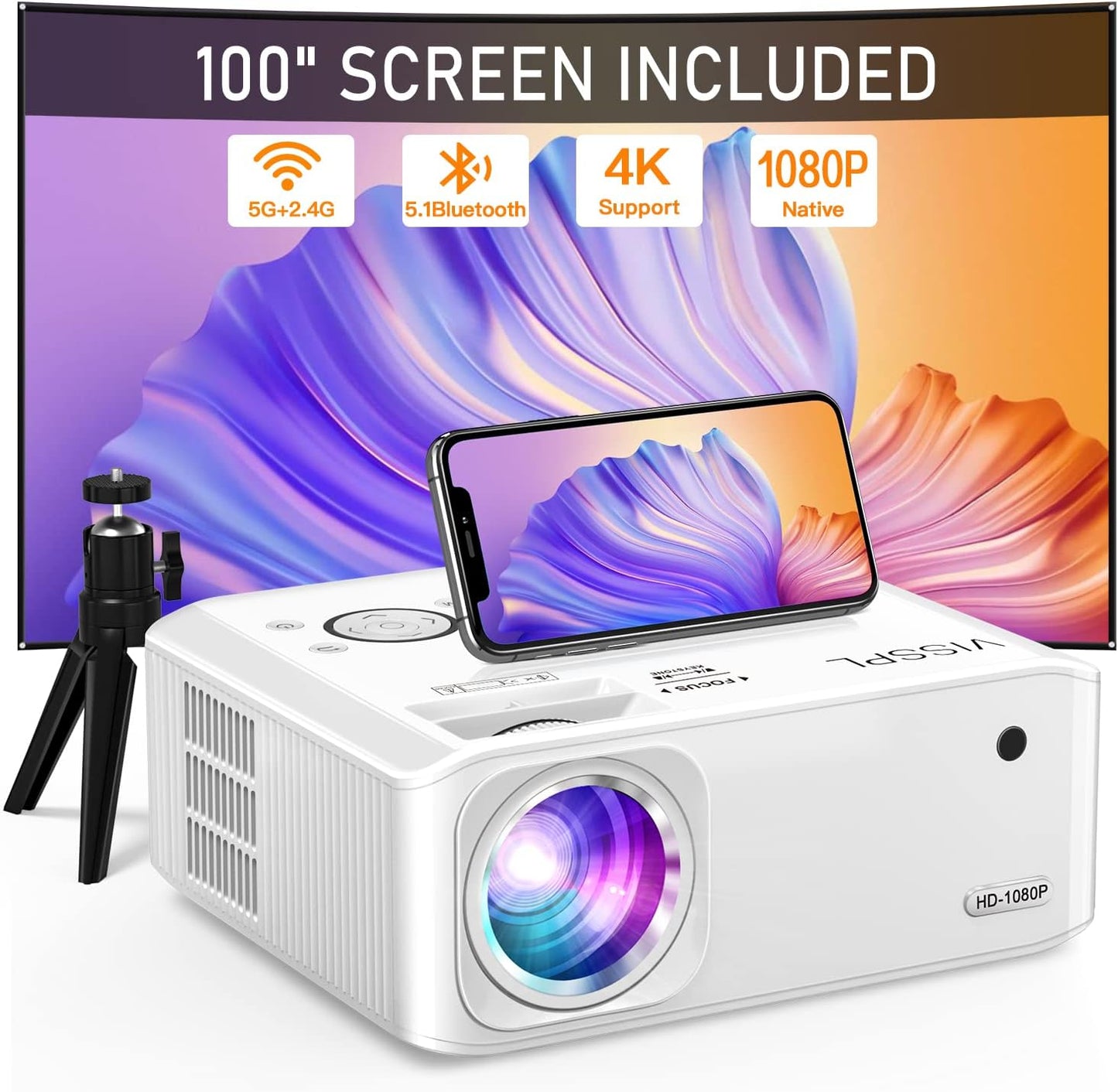 5G WiFi Bluetooth Projector 4K Supported, VISSPL Native HD 1080P 15000 Lux Projector with 100"Screen and Tripod, 6D/4P Keystone, 300" Display,PPT, Outdoor Home Movie Projector for Android/iOS etc