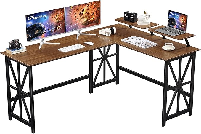 GreenForest L Shaped Desk with 2 Monitor Stand, 63.8 inch Reversible Corner Computer Desk for Home Office Study Gaming Workstation Crafting Table Spaces Saving, Easy Assembly, Walnut