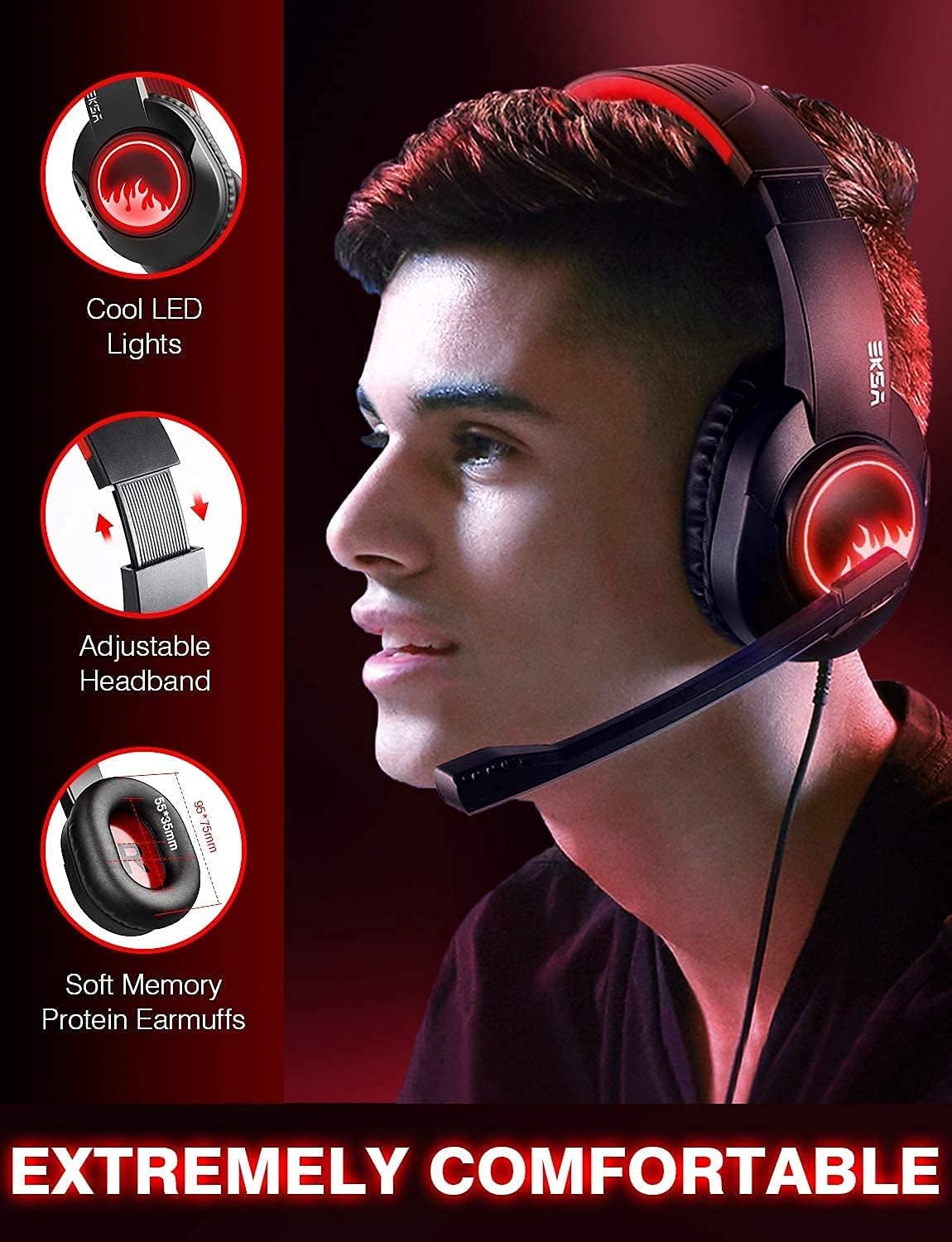 EKSA T8 PS4 Headset Gaming Headphone with Noise Canceling Mic, Wired PC Headset with Surround Stereo Sound, LED Light for PS4, PC, Laptop (Red)