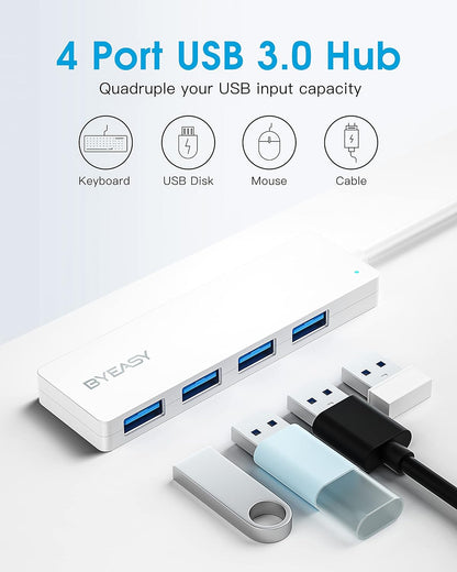 USB Hub, BYEASY 4-Port USB 3.0 Hub Ultra Slim Portable USB Splitter for iMac Pro, MacBook Air, Mac Mini/Pro, Surface Pro, Notebook PC, Laptop, USB Flash Drives, and Mobile HDD (White)