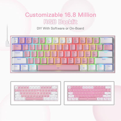 Redragon K617 Fizz 60% Wired RGB Gaming Keyboard, 61 Keys Compact Mechanical Keyboard w/White and Pink Color Keycaps, Linear Red Switch, Pro Driver/Software Supported