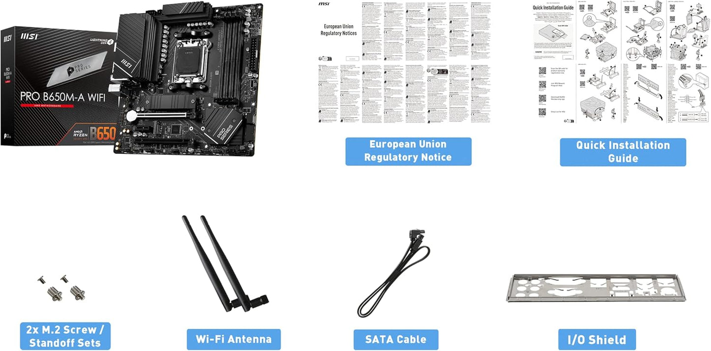 MSI PRO B650M-A WiFi ProSeries Motherboard (AMD AM5, mATX, DDR5, PCIe 4.0, M.2, SATA 6Gb/s, USB 3.2 Gen 2, HDMI/DP, Wi-Fi 6E, AMD Ryzen 7000 Series Desktop Processors) - T