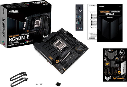 ASUS TUF GAMING B650M-E AMD mATX Motherboard, 8+2 DrMOS DDR5, PCIe 5.0, 2 M.2 Slots, Realtek Ethernet 2.5Gb, 2 DisplayPort, HDMI, USB Type-C, Bidirectional AI Noise Cancellation and Aura Sync