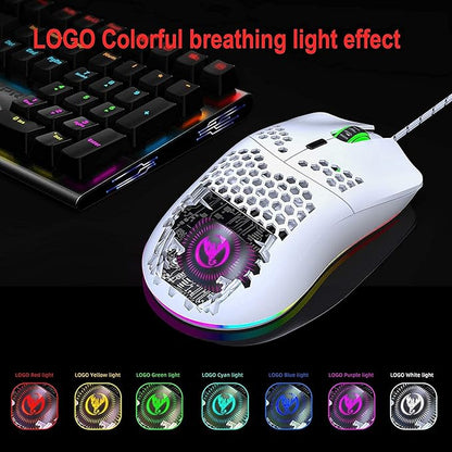 USB Gaming Mouse, Honeycomb Hollow Design Ergonomic Wired Mouse with Backlight, up to 6400 DPI, RGB Gaming Mouse for Mac, Laptop, Computer (White)