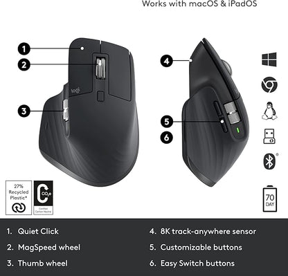 Logitech MX Master 3S - Wireless Performance Mouse with Ultra-Fast Scrolling, Ergo, 8K DPI, Track on Glass, Quiet Clicks, USB-C, Bluetooth, Windows, Linux, Chrome-Graphite