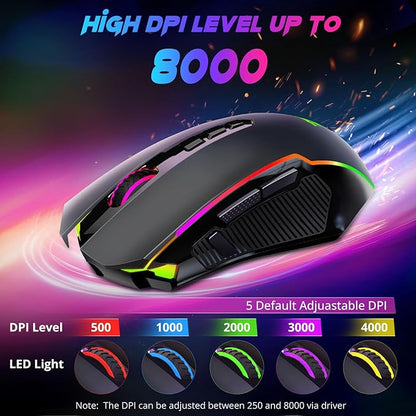 Redragon M910-KS Ranger Lite Wireless Gaming Mouse 8000 DPI, PC Gaming Mice with Fire Button, RGB Backlit Programmable Ergonomic Mouse Gamer, Rechargeable, 70Hrs for Windows, Mac Gamer, Black