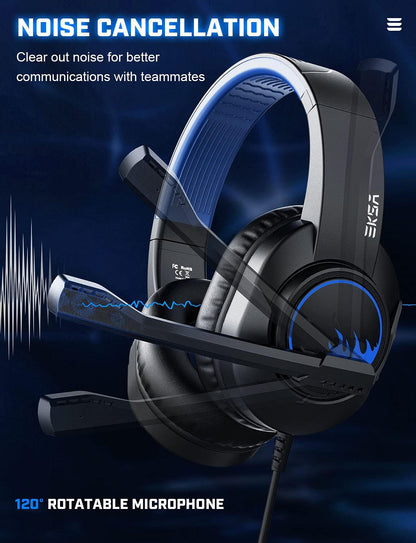 Eksa T8 Ps4 Gaming Wired Over Ear Headphones With Mic With Noise Canceling, Pc With Surround Stereo Sound, Led Light For Ps4, Pc, Laptop (Blue)