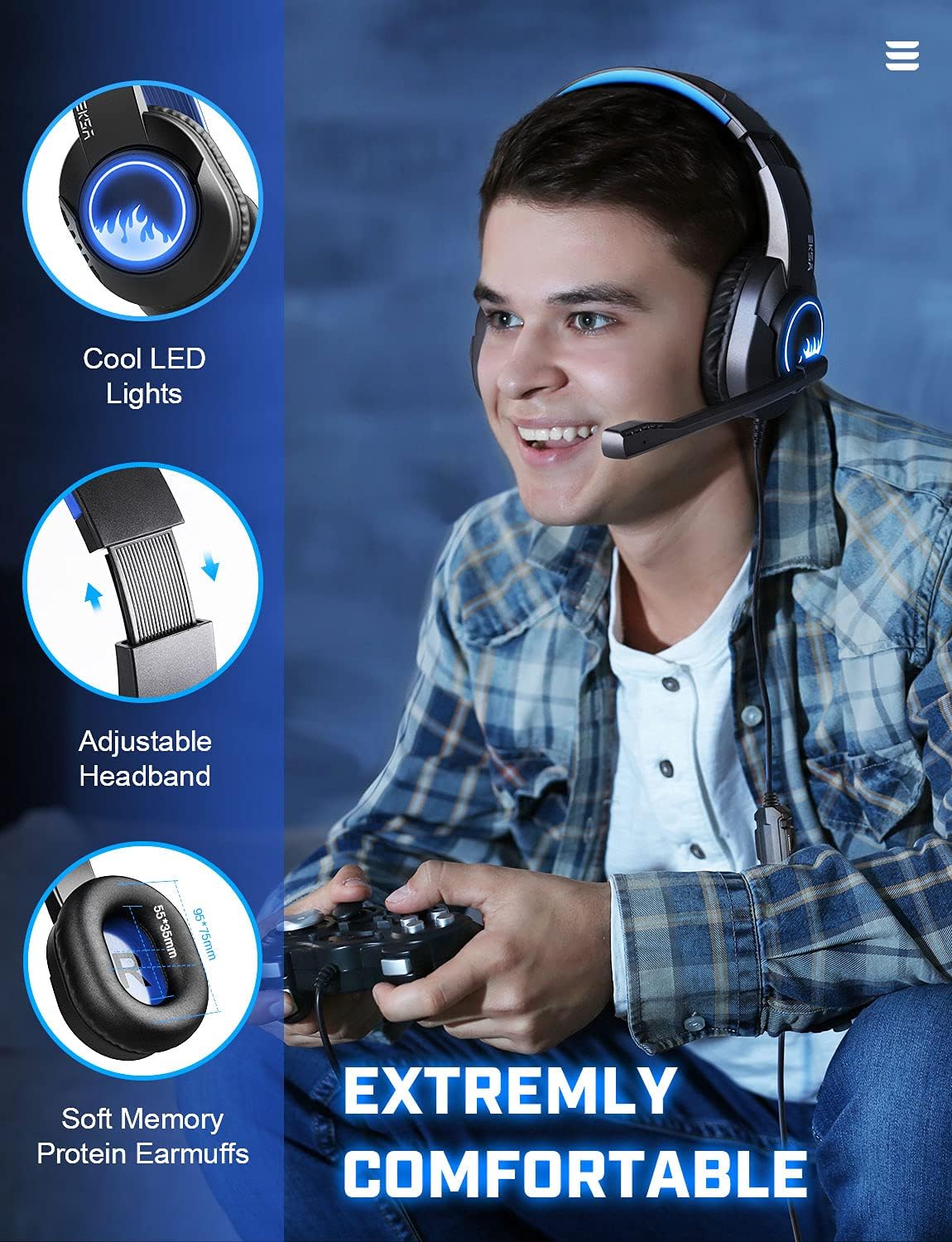 Eksa T8 Ps4 Gaming Wired Over Ear Headphones With Mic With Noise Canceling, Pc With Surround Stereo Sound, Led Light For Ps4, Pc, Laptop (Blue)