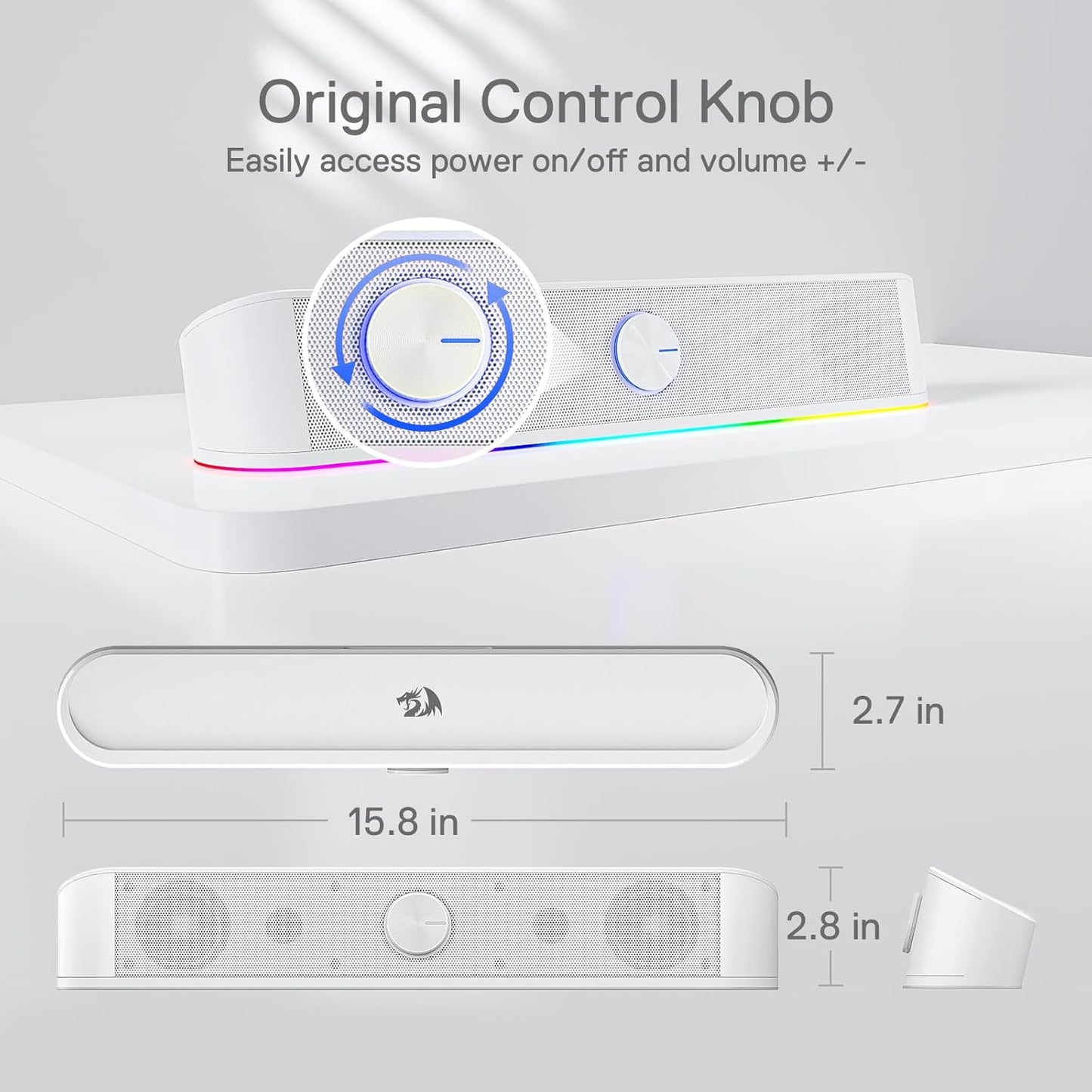 Redragon GS560 RGB Desktop Soundbar, 2.0 Channel Computer Speaker with Dynamic Lighting Bar Audio-Light Sync/Display, Touch-Control Backlit with Volume Knob, USB Powered w/ 3.5mm Cable, White - T