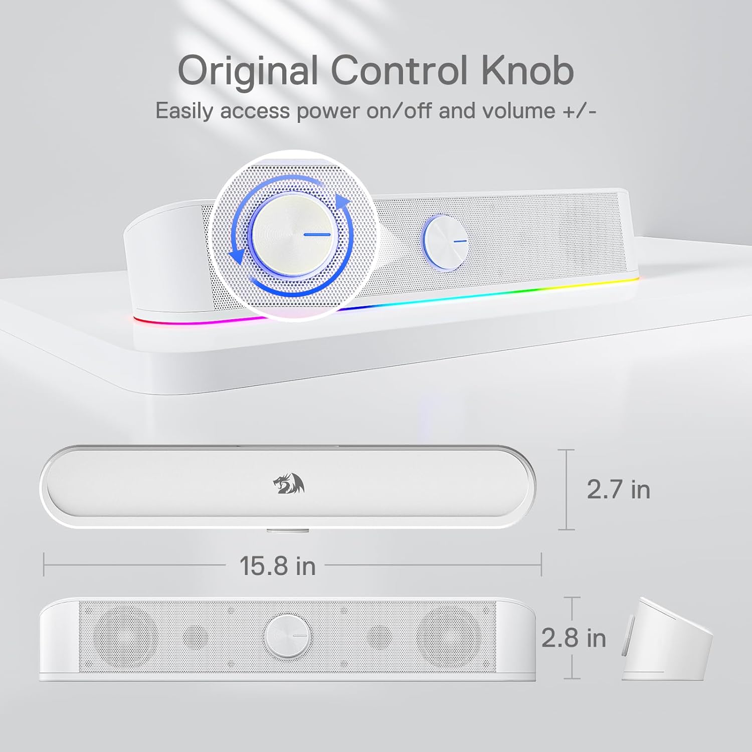 Redragon GS560 RGB Desktop Soundbar, 2.0 Channel Computer Speaker with Dynamic Lighting Bar Audio-Light Sync/Display, Touch-Control Backlit with Volume Knob, USB Powered w/ 3.5mm Cable, White - T