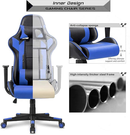 Mahmayi C599 PU Leather Adjustable Gaming Chair Ergonomic Design High Back Lumber Support Adjustable Neck Pillow Steel Frame Strong Nylon Base for Home & Office - Blue/Black