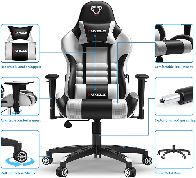 Gaming Chair - Furgle Gamer Chair - Office Chair - 4D Gamer Ergonomic Adjustable Swivel Chair Gaming Chair - Swing Mode - with Headrest and Lumbar Support (WB)