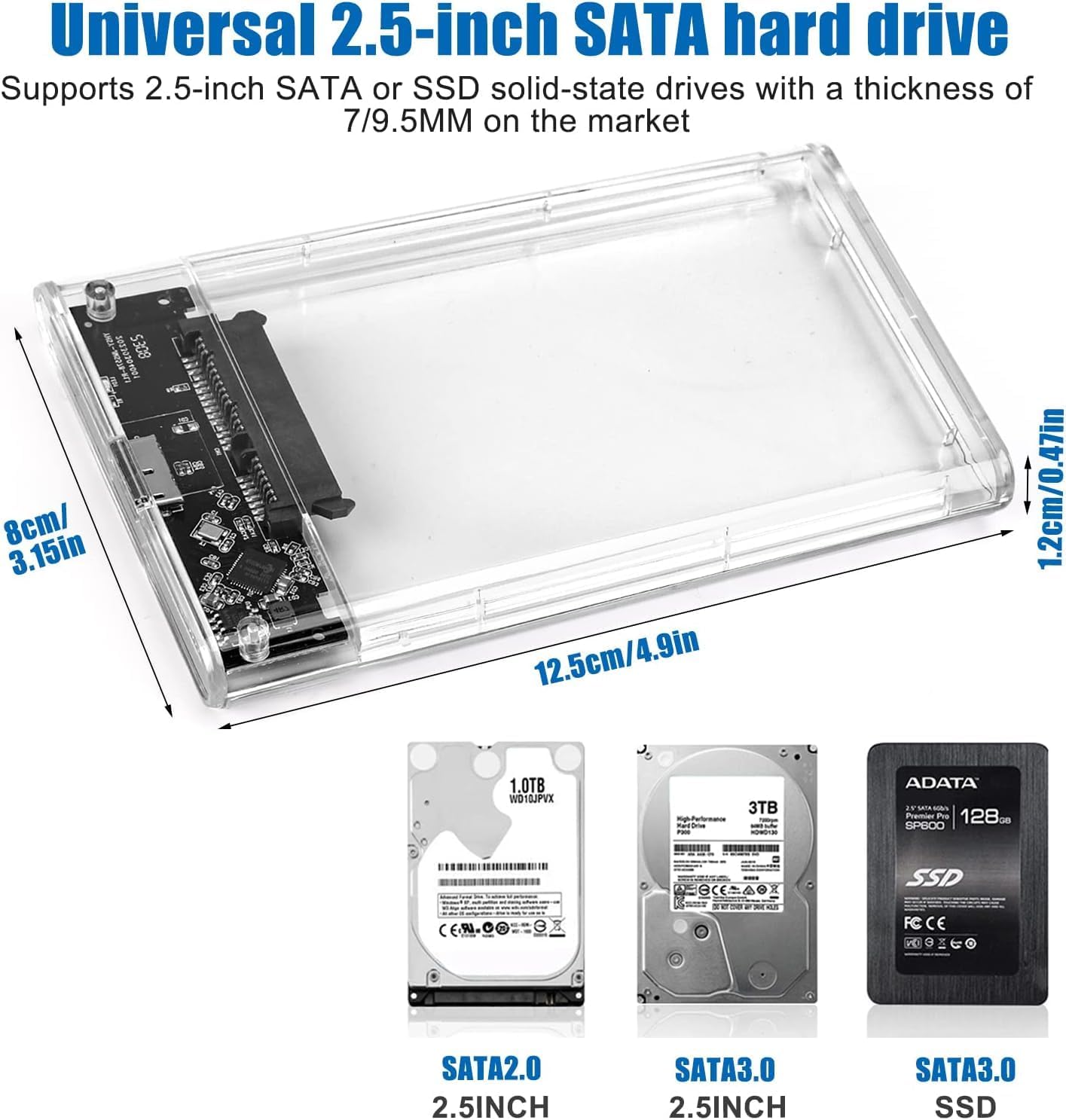 KingData SSD HDD Hard Drive Enclosure 2.5" inch SATA III USB 3.0 Caddy Case External Reader Laptop Fast Data Trasfer UASP Cable Included Tool-Free LED Indicator Clear