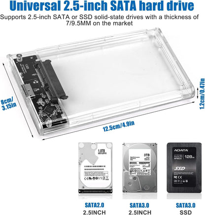 KingData SSD HDD Hard Drive Enclosure 2.5" inch SATA III USB 3.0 Caddy Case External Reader Laptop Fast Data Trasfer UASP Cable Included Tool-Free LED Indicator Clear