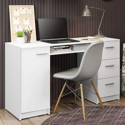 Madesa Home Office Computer Writing Desk with 3 Drawers, 1 Door and 1 Storage Shelf, Plenty of Space, Wood, 45 D x 136 W x 77 H cm - White