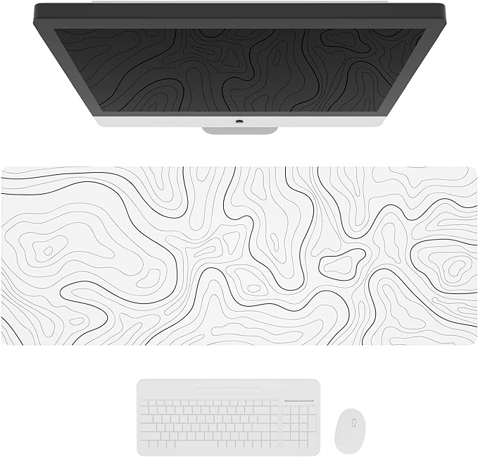 Ovenbird Large Gaming Mouse Pad with Stitched Edges, Minimalist Topographic Map Desk Mat, Extended XL Mousepad with Anti-Slip Base, Cool Desk Pad for Keyboard and Mouse, 31.5 x 11.8 in, White