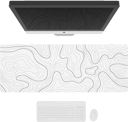 Ovenbird Large Gaming Mouse Pad with Stitched Edges, Minimalist Topographic Map Desk Mat, Extended XL Mousepad with Anti-Slip Base, Cool Desk Pad for Keyboard and Mouse, 31.5 x 11.8 in, White