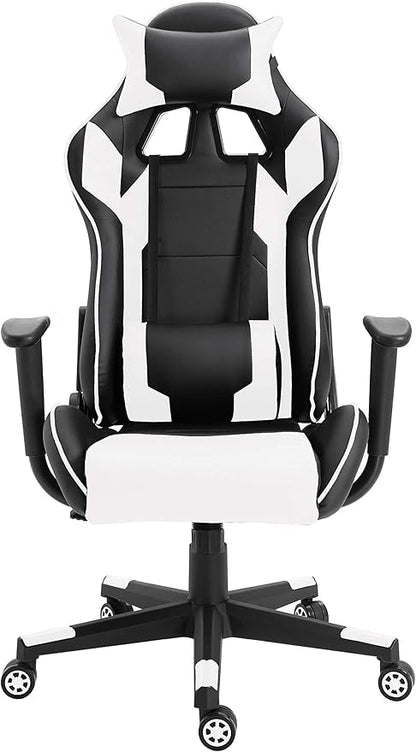 MAHMAYI OFFICE FURNITURE C599 Adjustable PU Leather Gaming Chair - PC Computer Chair for Gaming, or Students, Ergonomic Back Lumbar Support (White & Black, No Footrest)