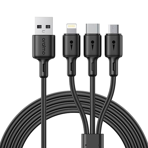 Oraimo 3 In 1 Charging Cable,3A Charging Cable With Micro Usb, Type-C And Lighting Port Compatible For Android, Ios And Type C Devices,1.2Mtr Long, Black