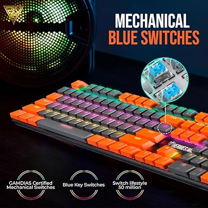 Gamdias Hermes M5A Wired Mechanical Gaming Keyboard with Multi Colors backlights, Aluminum Bezel, Anti-ghosting Keys and N-Key Rollover (Blue Mechanical Switch)