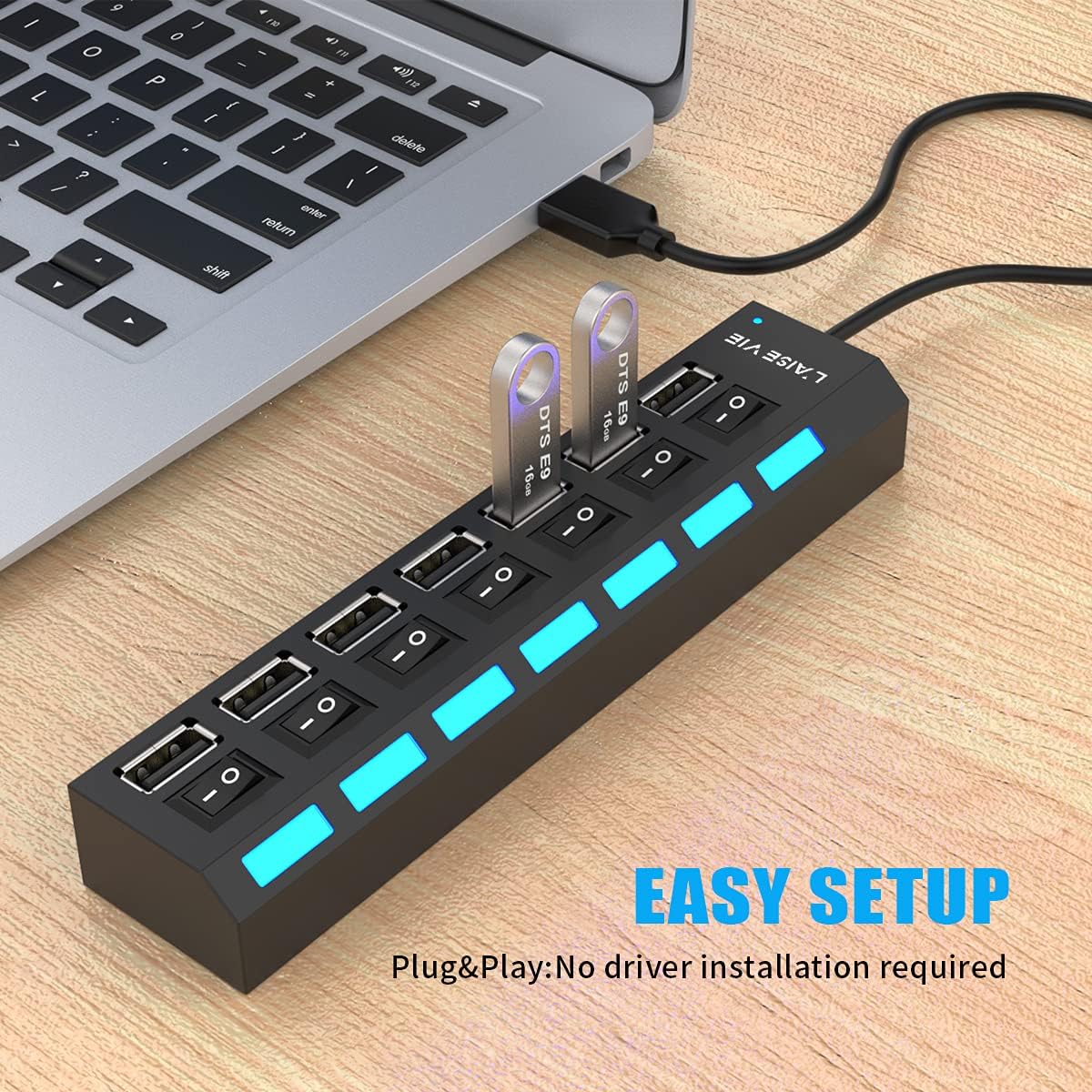 Multi Port USB Splitter, 7 Port USB 2.0 Hub, USB A Port Data Hub with Independent On/Off Switch and LED Indicators, Lights for Laptop, PC, Computer, Mobile HDD, Flash Drive and More (Black 2.0)