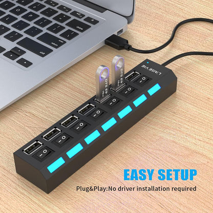 Multi Port USB Splitter, 7 Port USB 2.0 Hub, USB A Port Data Hub with Independent On/Off Switch and LED Indicators, Lights for Laptop, PC, Computer, Mobile HDD, Flash Drive and More (Black 2.0)