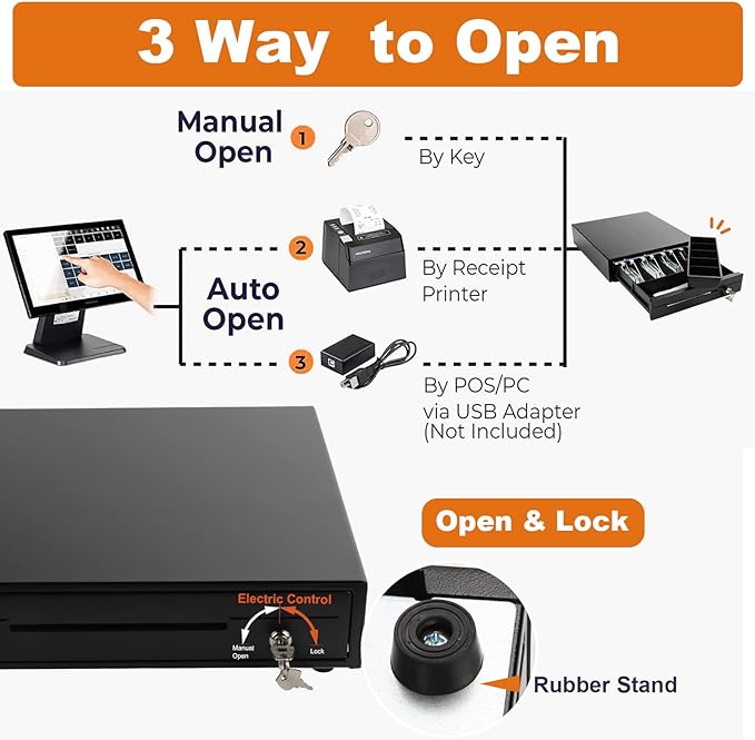 Sgorlds 14" Cash Register Drawer Black Cash Drawer for POS Machine with 4 Bill 5 Coin Fully Removable Cash Tray Coin Compartment,12-24V,RJ11/RJ12 Compatible,Key Lock,Manual Push Open,Single Media Slot - T
