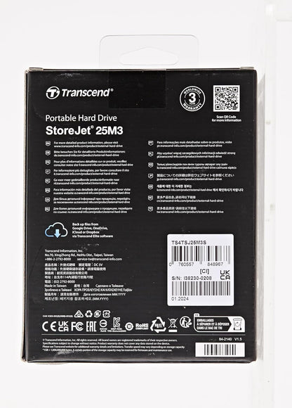 Transcend 4TB StoreJet 25M3S USB 3.1 Portable Hard Drive Rugged, Anti-Shock Resistant, Compact and Lightweight with Lightning-Fast Speeds and a One Touch Backup Button (Iron Grey) TS4TSJ25M3S