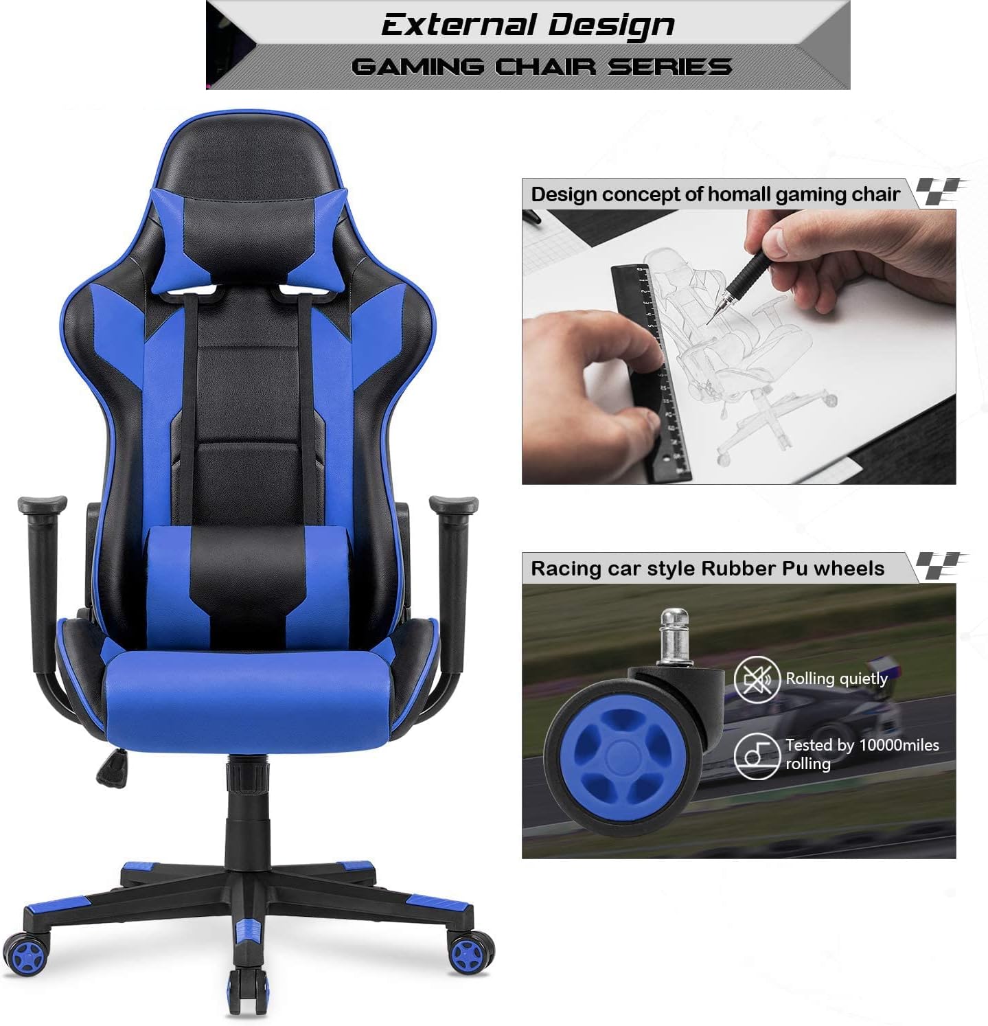 Mahmayi C599 PU Leather Adjustable Gaming Chair Ergonomic Design High Back Lumber Support Adjustable Neck Pillow Steel Frame Strong Nylon Base for Home & Office - Blue/Black