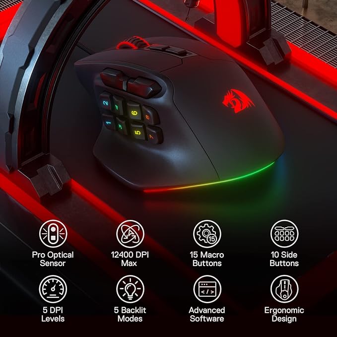 Redragon M811 Aatrox MMO Gaming Mouse, 15 Programmable Buttons, Wired RGB Gaming Mouse with Natural Ergonomic Grip, 10 Side Macro Keys