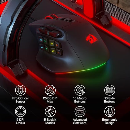 Redragon M811 Aatrox MMO Gaming Mouse, 15 Programmable Buttons, Wired RGB Gaming Mouse with Natural Ergonomic Grip, 10 Side Macro Keys